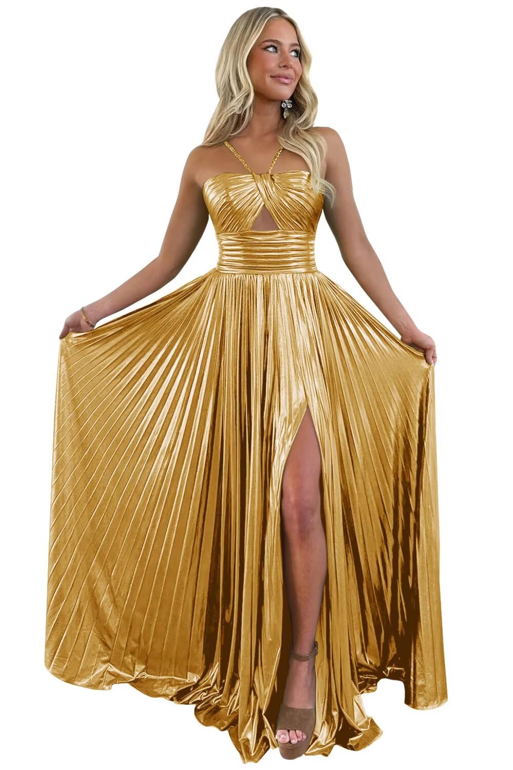 UZN Sparkly Satin Prom Dresses Long Spaghetti Straps Keyhole with Split Formal Party Gowns