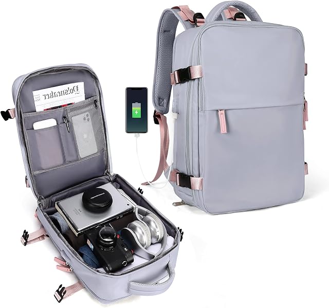 Carry On Backpack Women,Travel Backpack Men, Hiking Backpack Waterproof OutdoorTravel Backpack Women, Casual Daypack School Bag Fit 14 Inch Laptop with USB Charging Port Shoes Compartment Grey Purple