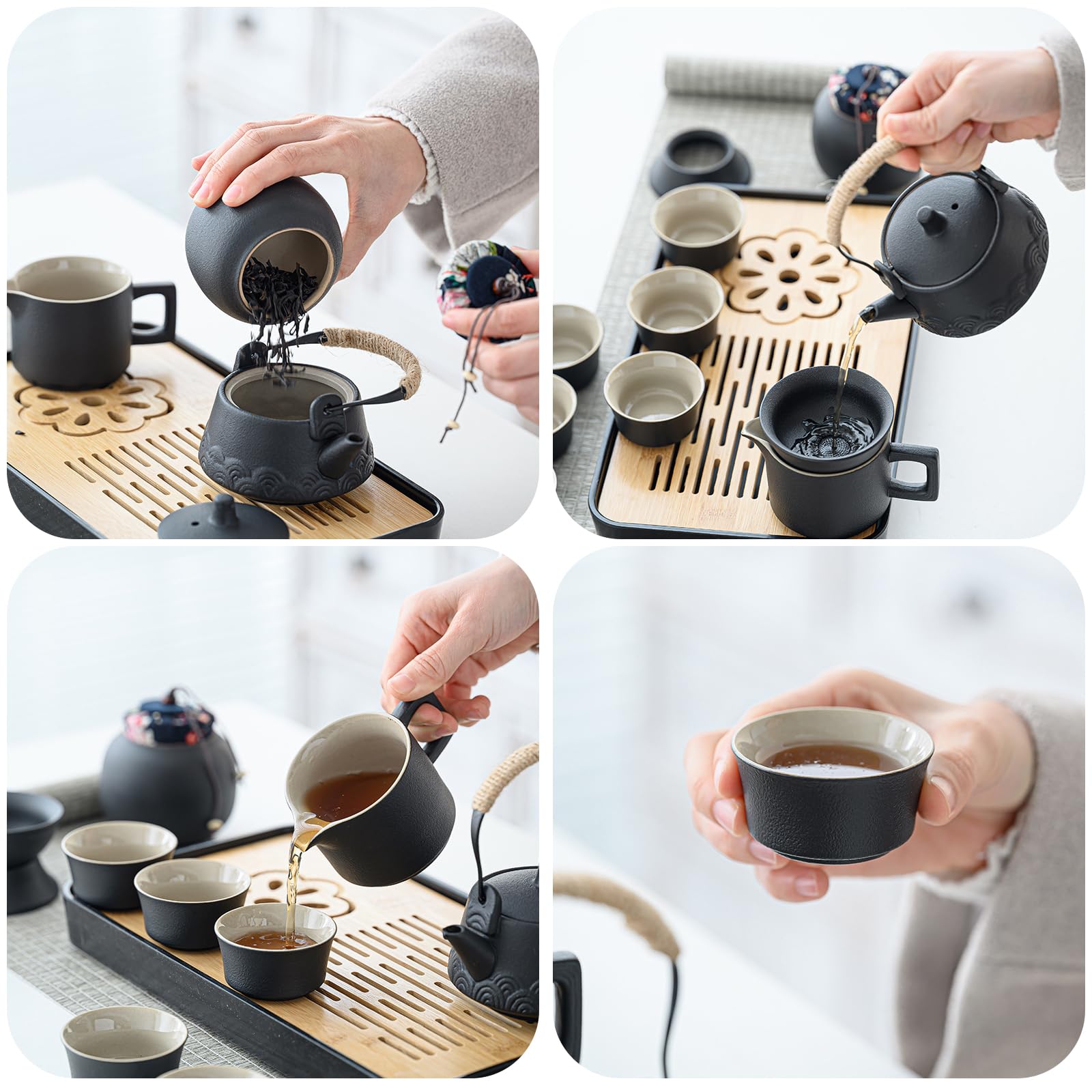Servizio da tè giapponese, set da 14 teiere cinesi, set da tè portatile Kungfu, in ceramica nera con 6 tazze da tè e vassoio, set da tè tradizionale in ceramica per amanti del tè