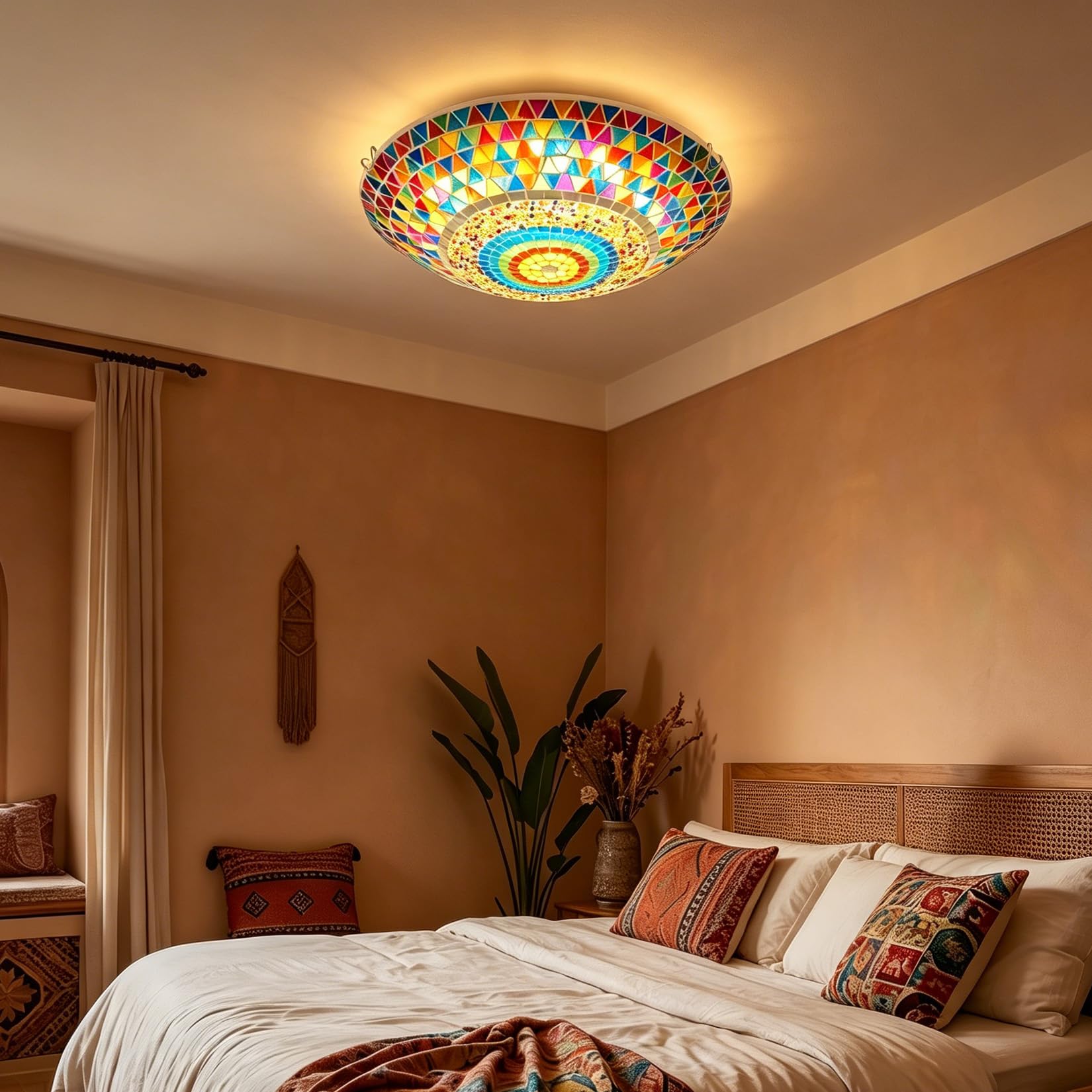 Yjmgrowing Turkish Mosaic Ceiling Light, Handmade Stained Glass Ceiling Lamp Boho Moroccan Flush Mount Ceiling Light Fixture for Bedroom Hallway Entryway Dining Room,20inch
