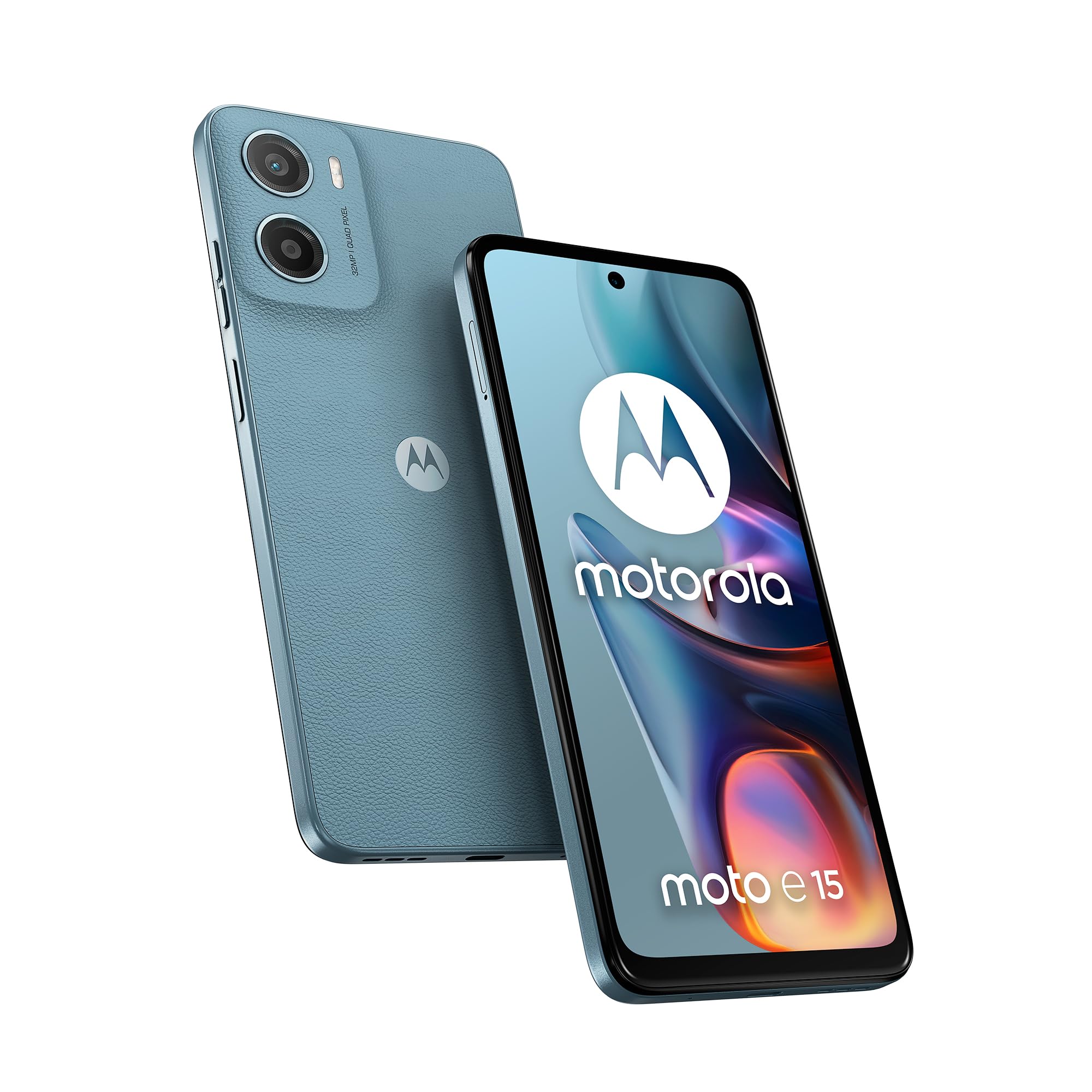 Motorola moto e15 (2/64GB, Fotocamera da 32MP + sensore antisfarfallio, Display 6.67" HD+ 90Hz Corning® Gorilla® Glass 3, 5200mAh, MediaTek Helio G81 Extreme, Android 14 Go Edition), Misty Blue