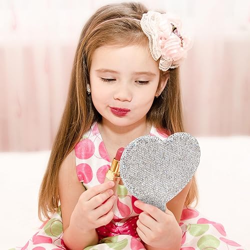 Miniatura 3 de Lioaeust 2 espejos de mano brillantes con asa, espejo de mano en forma de corazón de diamantes de imitación brillantes, bonitos espejos de mano