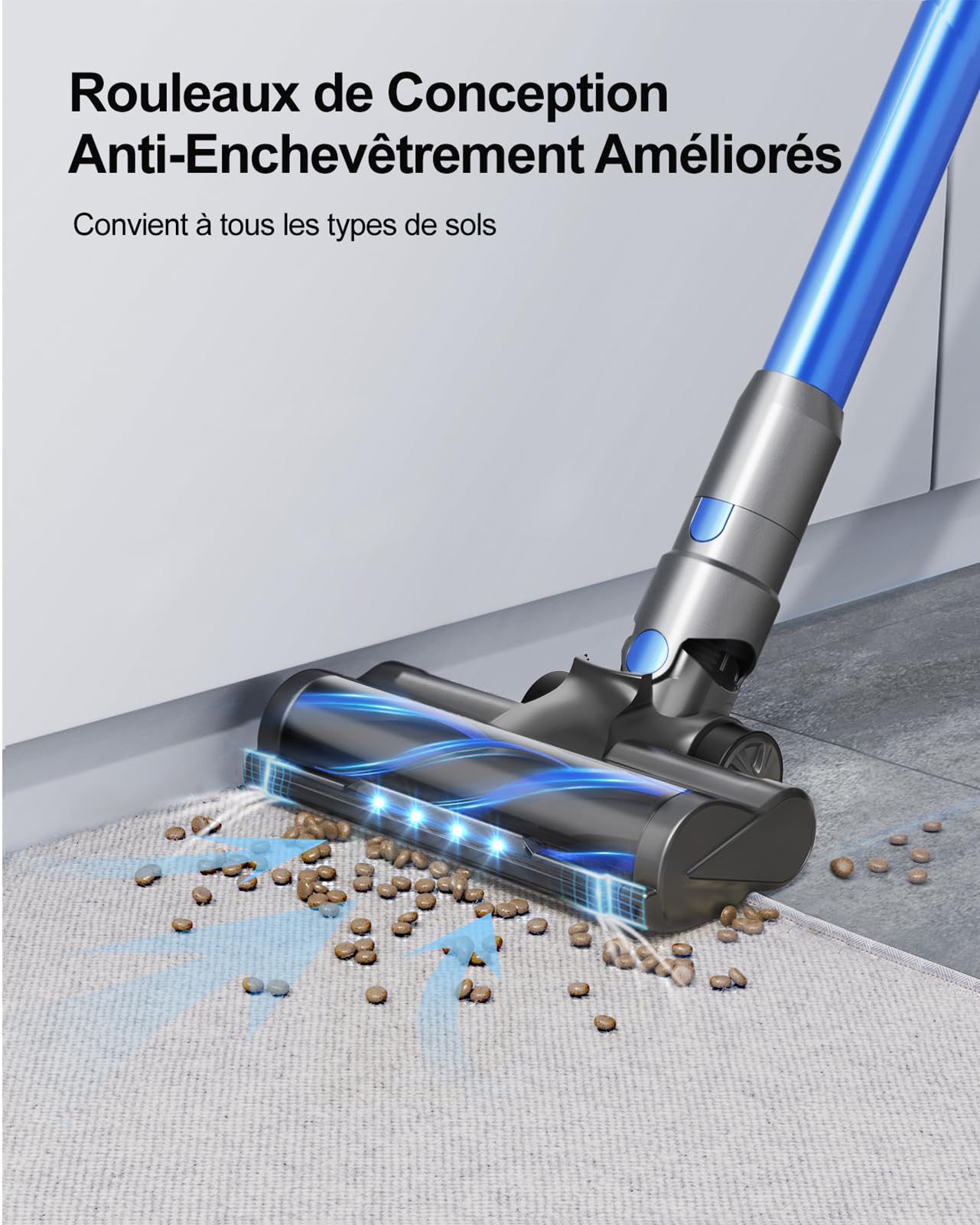 Aspirateur Balai Sans Fil 38KPa 450W – 55 Min Autonomie, Écran Tactile, Batterie Amovible, Mode Auto, LED, Idéal Poils Animaux