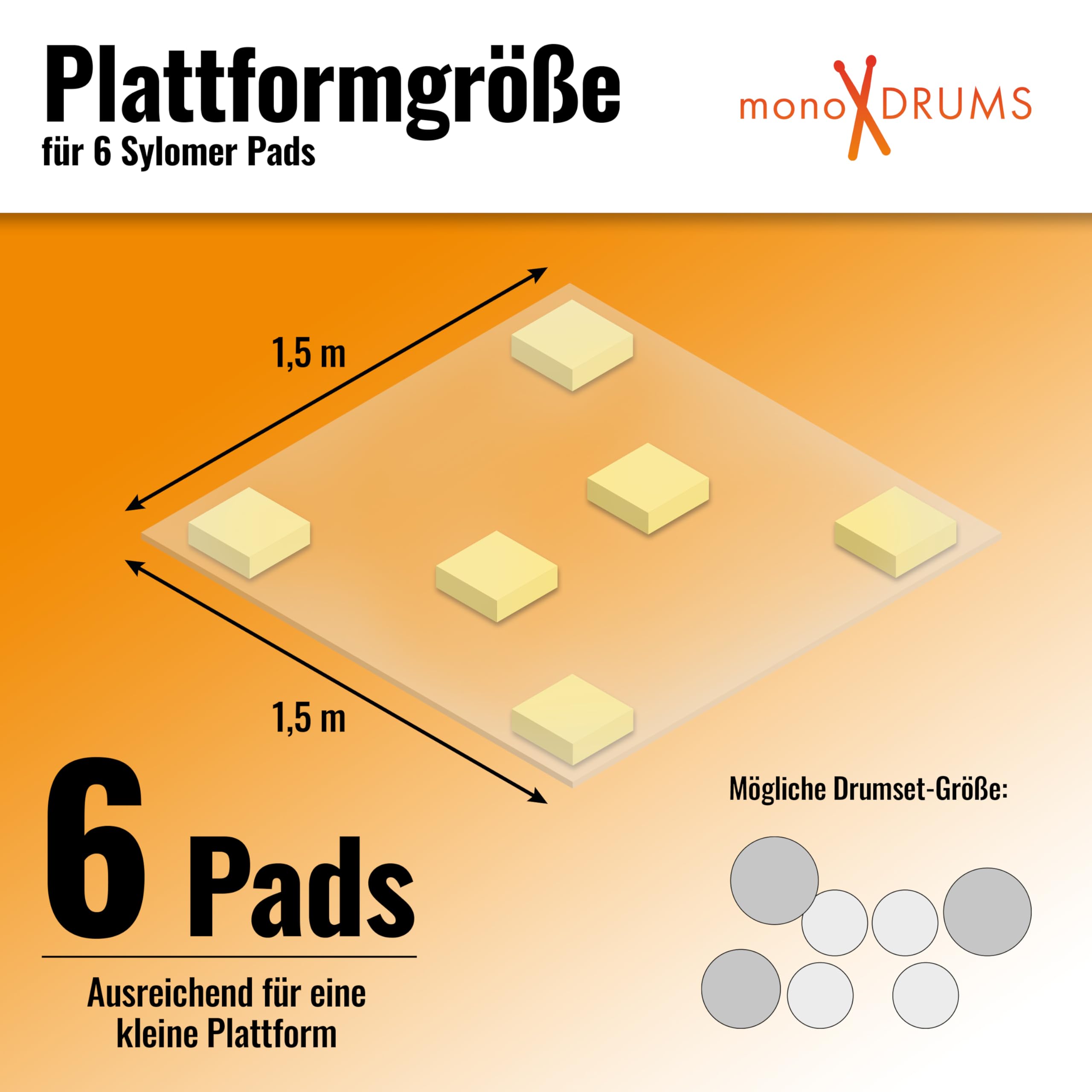 6x monoDRUMS Schlagzeug Sylomer Pads –150×150×25 mm – Traglast 150 kg – für Schlagzeug Zubehör Drum Podest (6er)