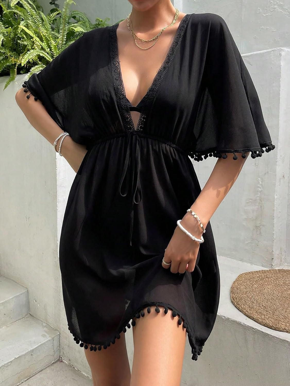 swimsuit coverup for women Sleeve Trim Tie Front Cover Up Swimsuit Cover Up Dress
