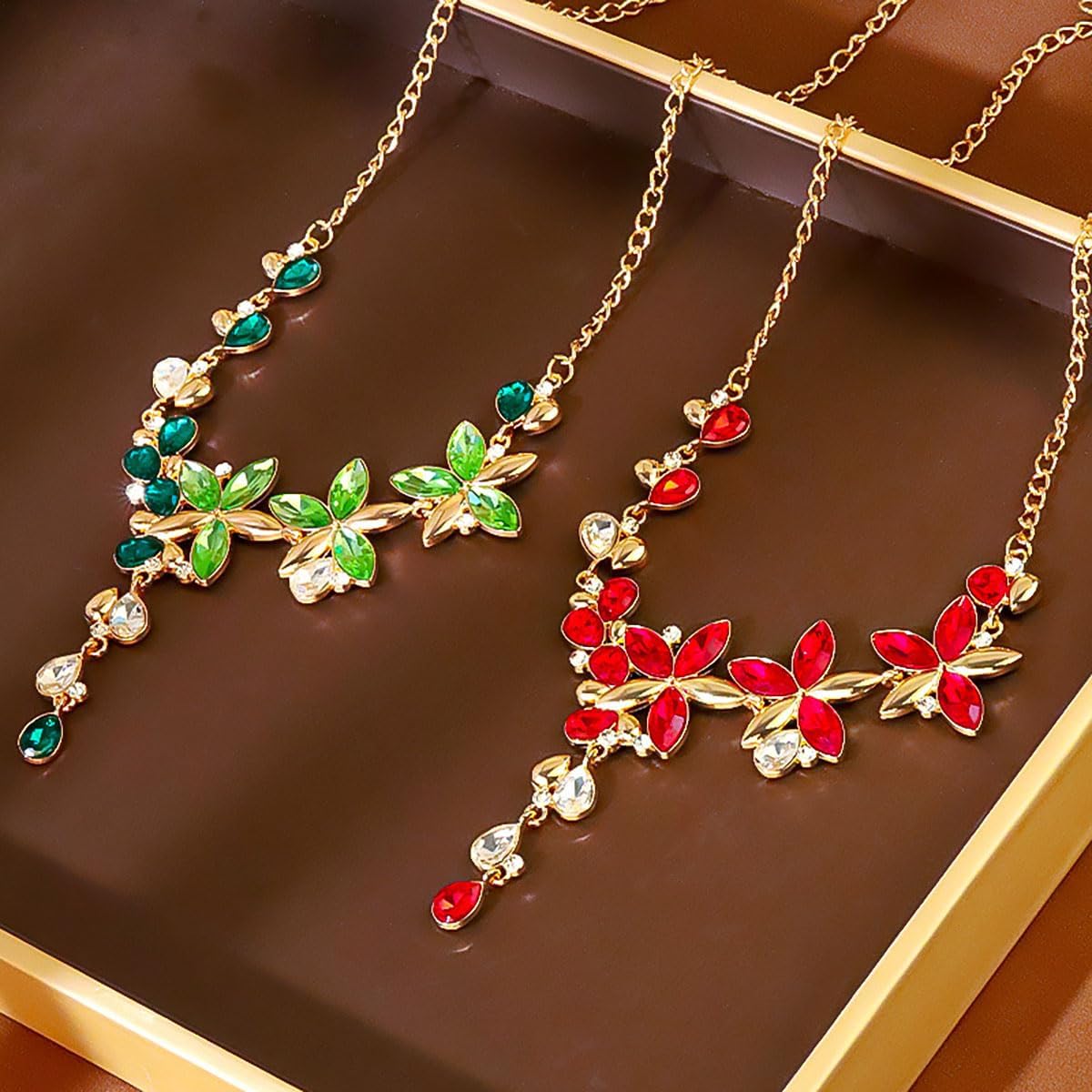 Bridal Wedding Jewelry Set Red Green Blue Rhinestone Necklace Earrings Teardrop Cluster Pendant Necklace Crystal Jewelry Accessories for Women - Image 6