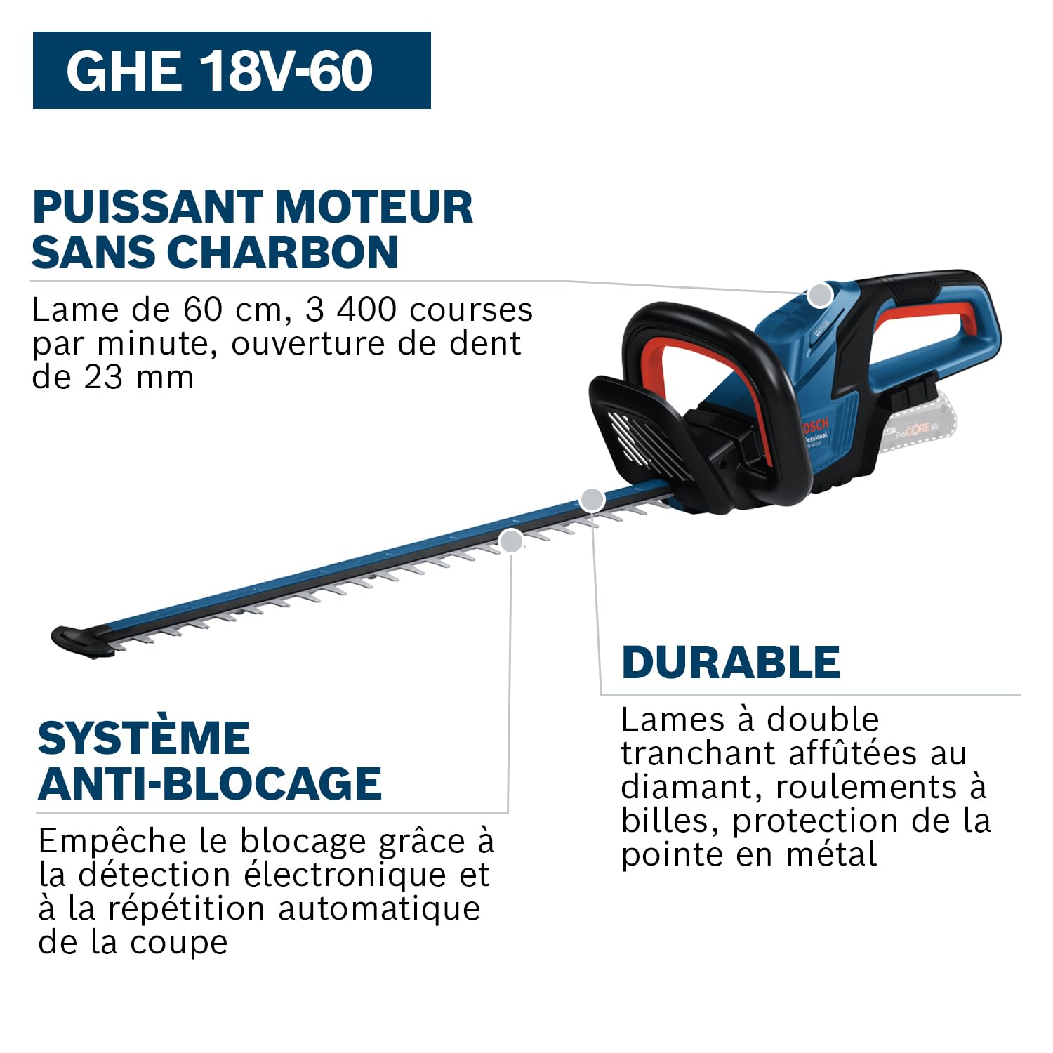 Bosch GHE 18V-60 taille-haies sans-fil 18V moteur sans charbon capacité de coupe 20 mm batterie chargeur inclus