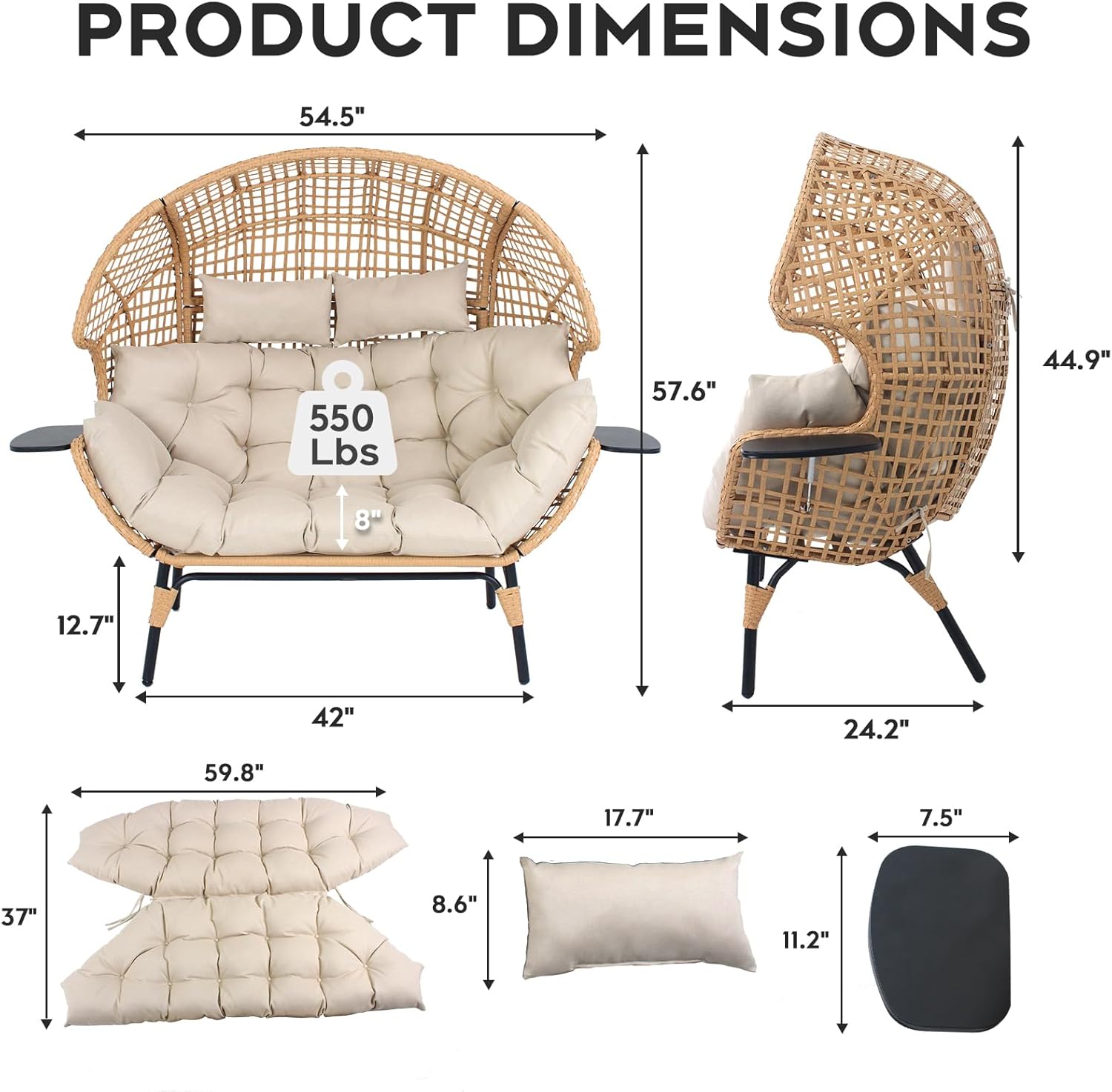 Double Wicker Egg Chair Outdoor Indoor - 2-Person Oversized Loveseat with 8" Thickened Paded Cushion - 700 lbs Weight Capacity Patio Lounge Chair for Balcony Porch Backyard (Beige Square)