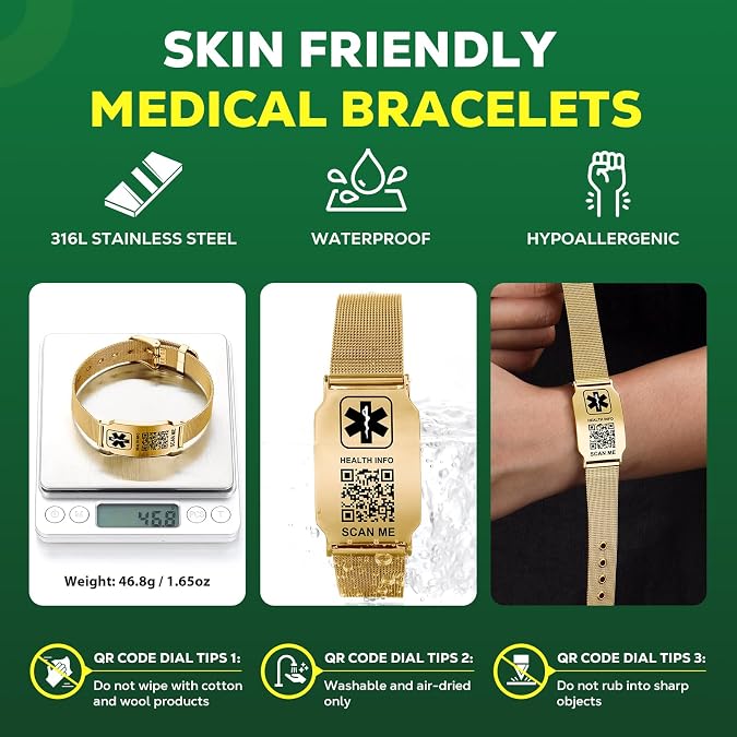 Upgraded Medical Alert ID Bracelets Men Women with QR Code | Stainless Steel Adjustable Mesh Wristband Fits 6.58.27 Wrists - More Space to Save & Update Emergency Medical Information