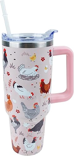 Vaso de 40 onzas con asa y tapa con popote a prueba de fugas, diseño de pollo y gallo, taza de viaje para café con asa aislada para bebidas frías y