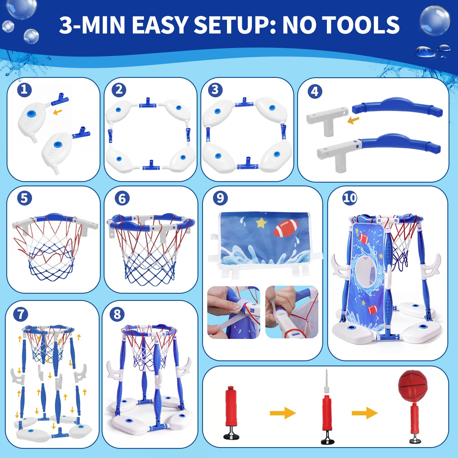 3-in-1 Schwimmender Pool Basketball Hoop Spielzeug Set mit Wasserfußball & Ringwurfspiel - Enthält 3 Basketbälle, 2 Fußbälle & 12 Ringe - Ultimatives Poolspielzeug Geschenk Kinder & Erwachsene