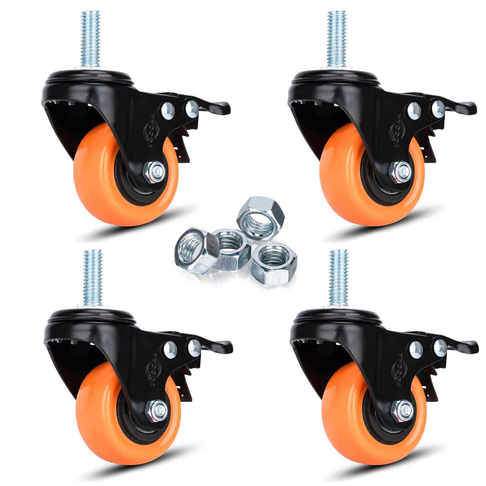 Swivel Caster Wheels 2 Inch Heavy Duty Threaded Stem Casters 3/8"-16x1 Safety Dual Locking Industrial Castors Set of 4 Load Bearing 600 Lbs Caster with Brakes Wheels for Cart, Furniture