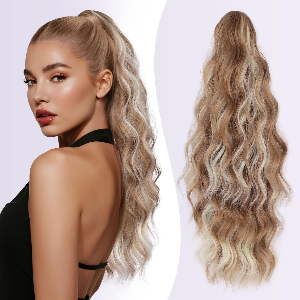 JIAMEISI Ponytail Extension 18 Inch Claw Clip Ponytail Hair Extensions Long Curly Wavy Highlight Clip in Pony Tails Extension Synthetic Fluffy Hairpiece for Women (Honey Gold Mixed Light Blonde)