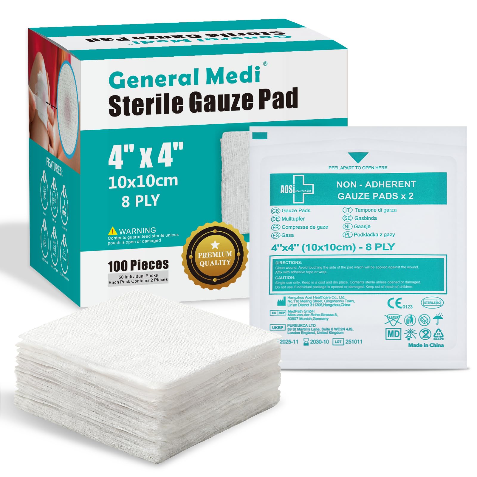 General Medi Sterile Gauze Pads โ 4" x 4" Individually Wrapped Medical Gauze Pads for Cleaning and Cushioning Minor Wounds, Cuts & Burns Wound Care Product (50 Packs, 100 Pieces Total)