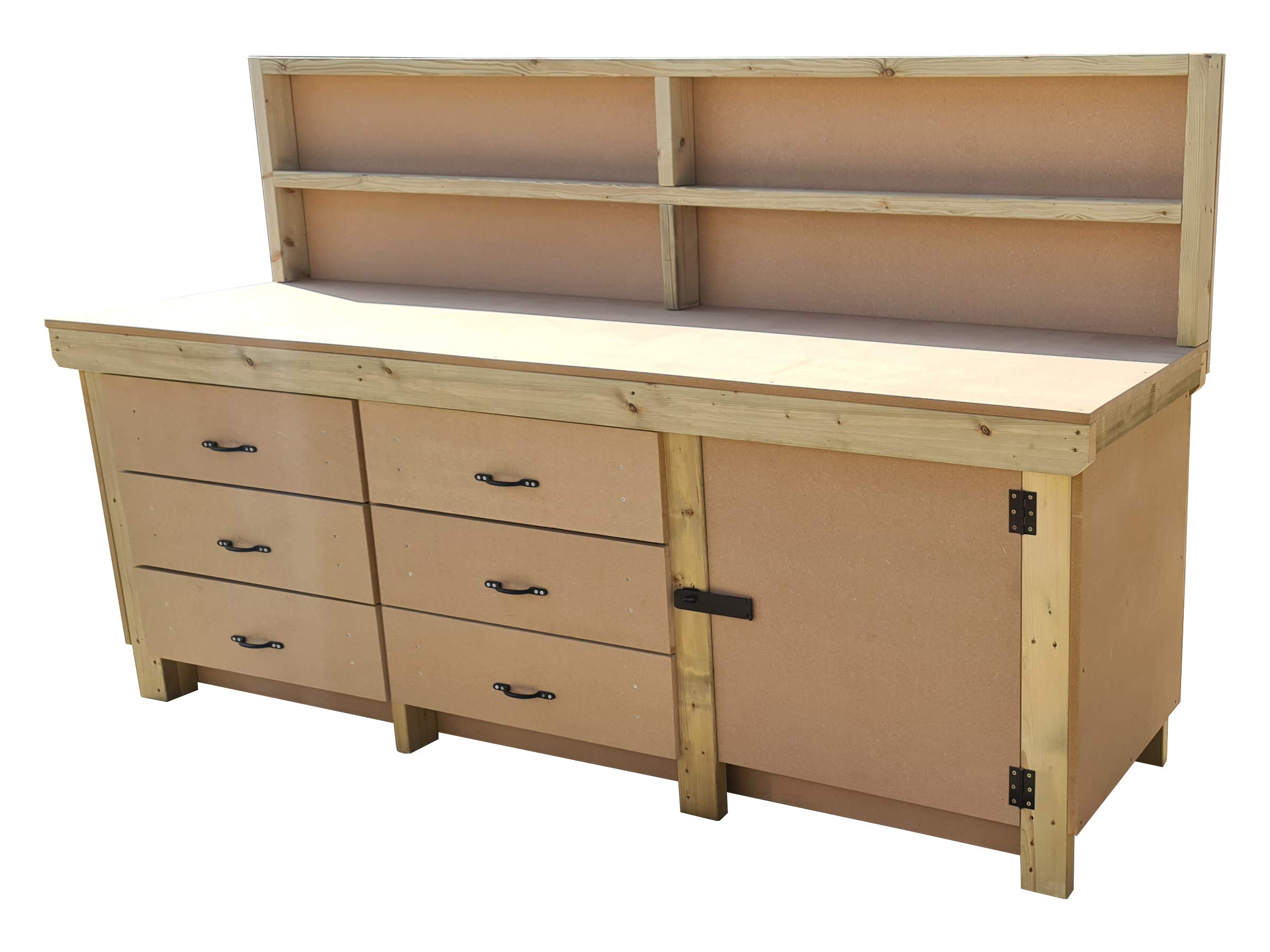 Arbor Garden Solutions Wooden 18mm MDF Workbench Tool Cabinet with Lockable Cupboard - With Back Panel (7ft)