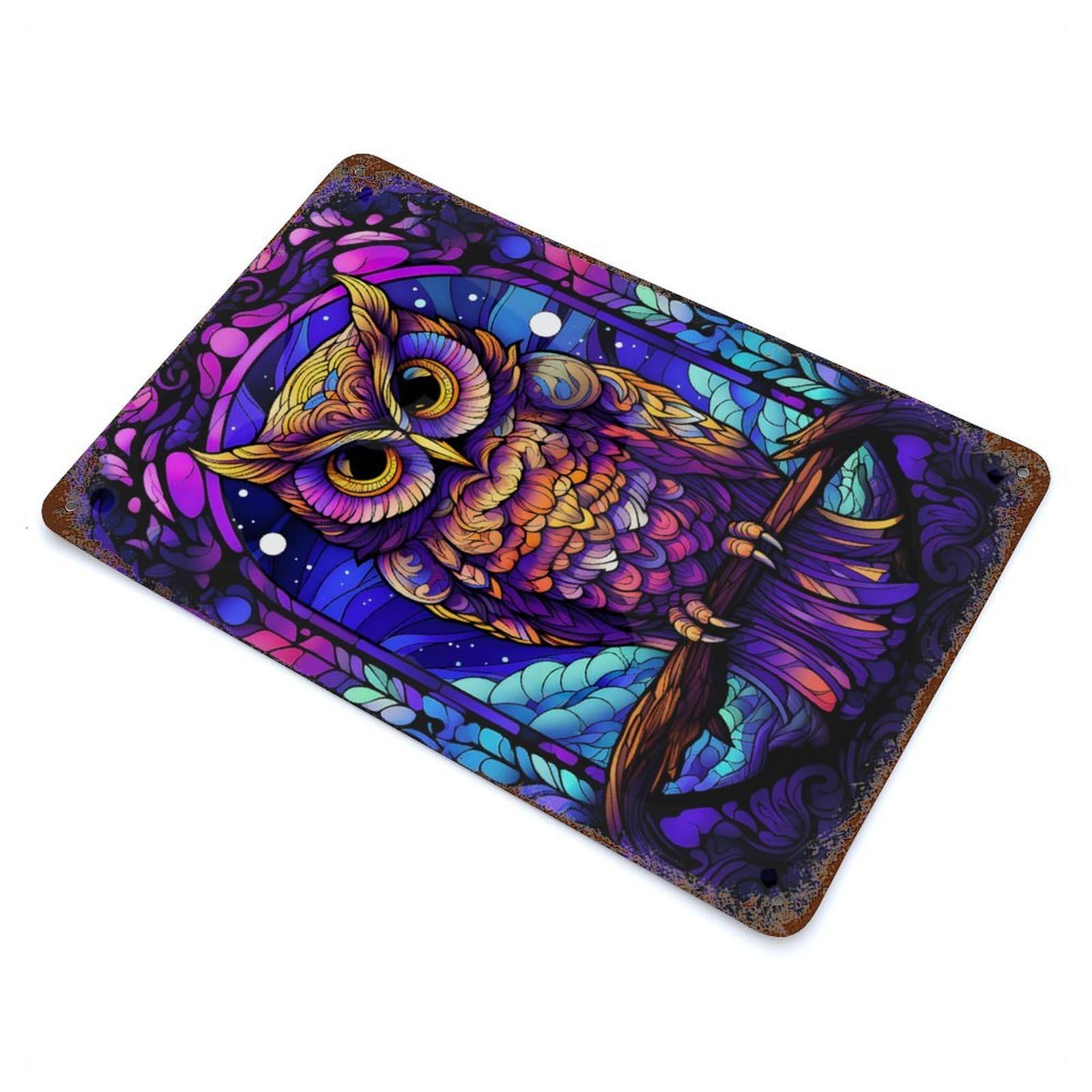 Amazing Owl Stained Glass Retro Metal Sign 11.8"x7.9", Rustic Home Decor for Garage, Pub Or Kitchen