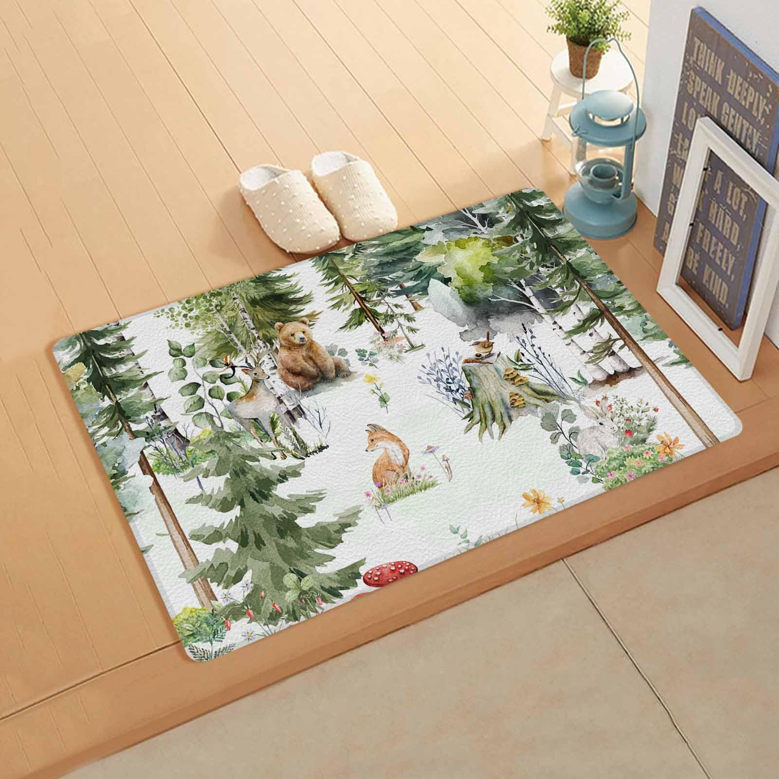 Forest Antifatigue Kitchen Bath Door Mat Cushioned Runner Rug,Washable Welcome Floor Sink Mat,Waterproof & Non-Slip Kitchen Standing Doormat,Bear Fox Bunny Dear Eucalyptus Flower Watercolor 18