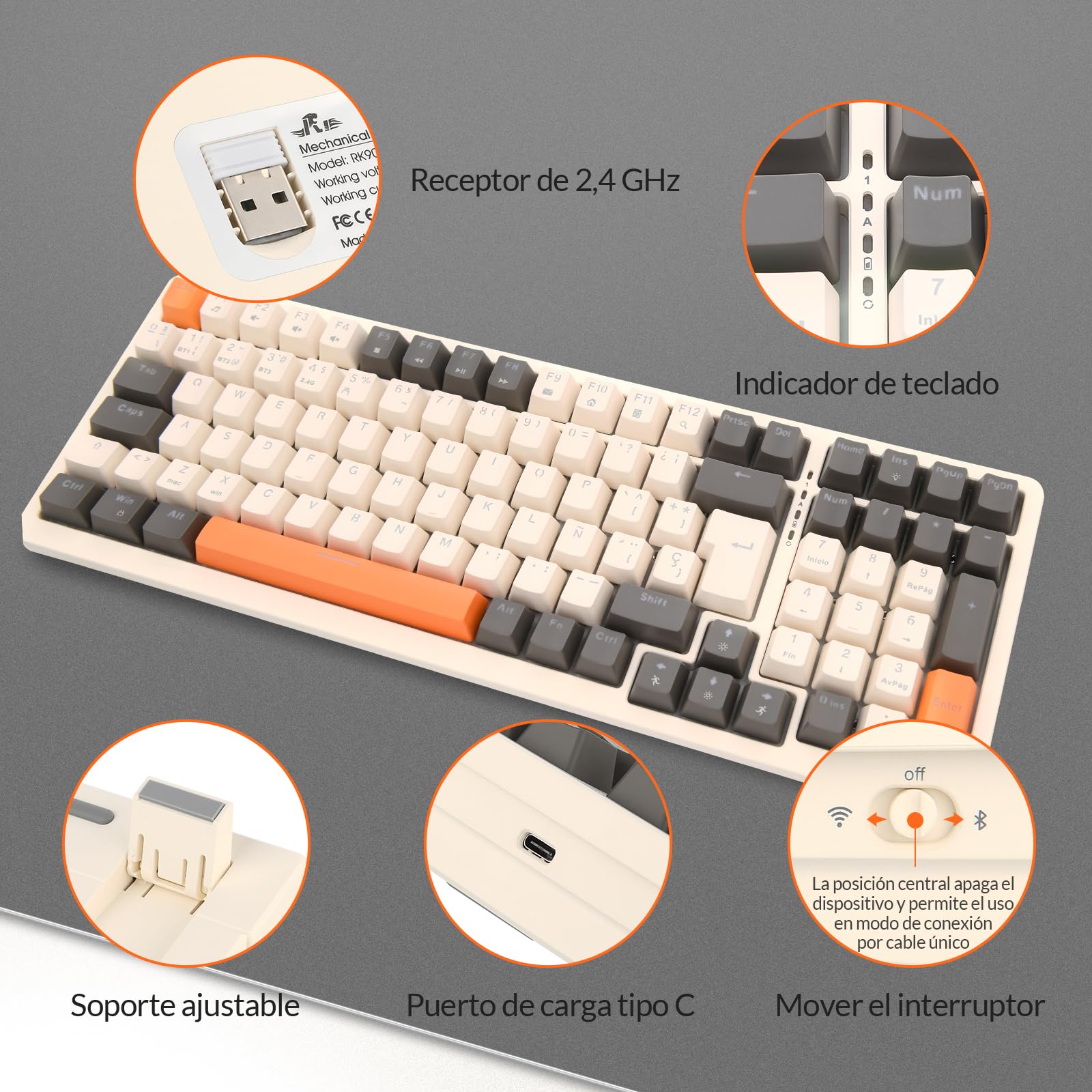 Rii RK909 Teclado 96% Gaming Mecánico, 3 Modos de Conectividad, Retroiluminación LED, Layout Español (Interruptores Rojos)