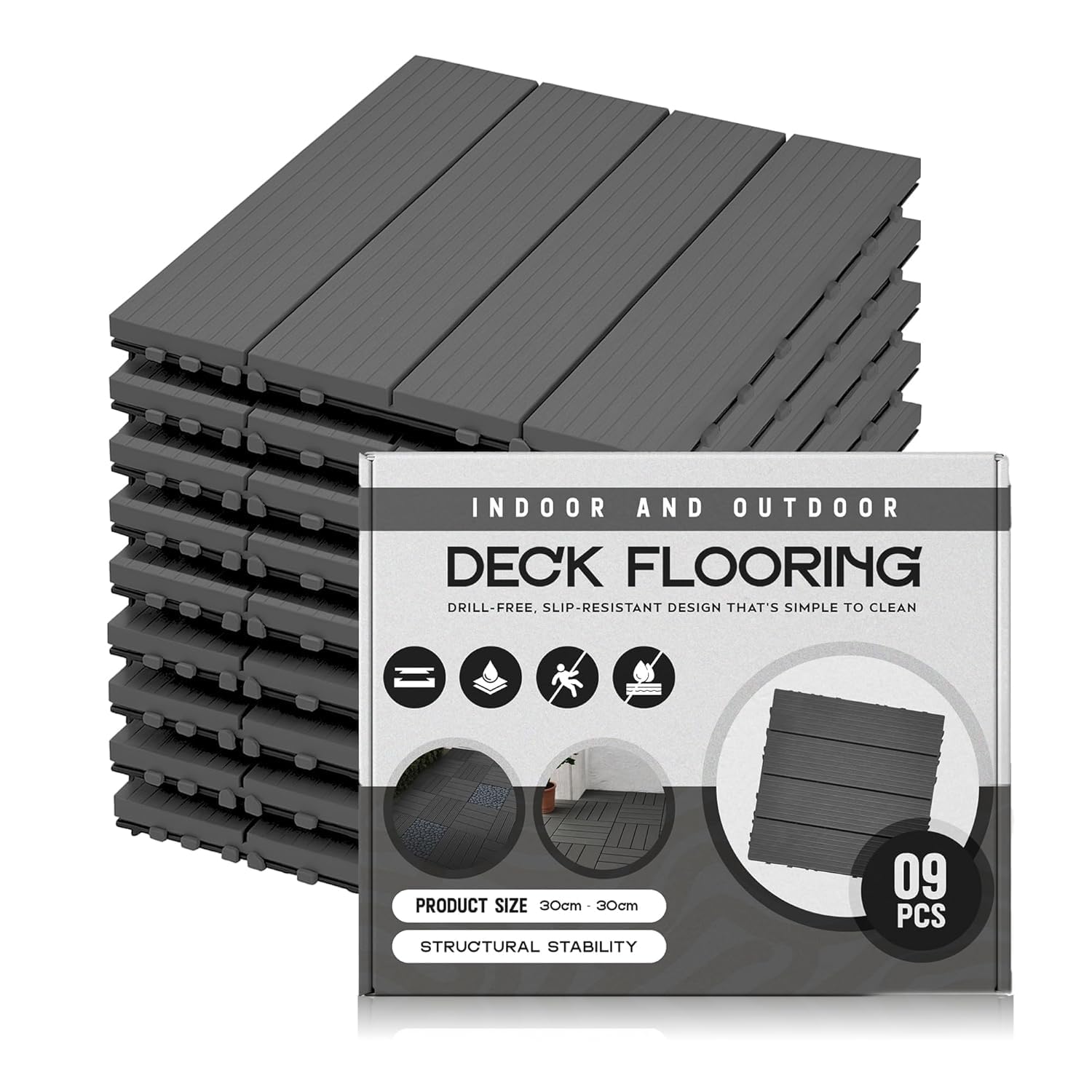 LEDSone Piastrelle per terrazzo grigio scuro, 9 pezzi, 30 cm x 30 cm