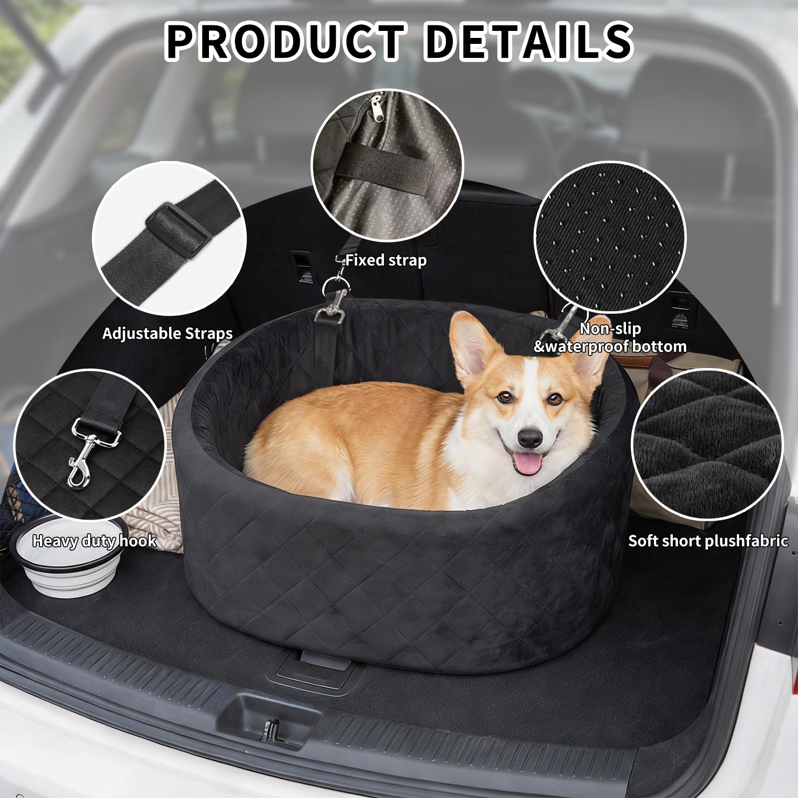 Hunde Autositz, Waschbarer für kleine bis mittlere Hunde und Katzen, rutschfestes Haustier Autobett mit 3 Clip-On Sicherheitsleinen und 3 Haustier-PIPI-Unterlagen