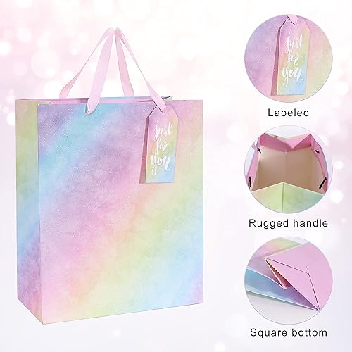 Miniatura 4 de Paquete de 4 bolsas de regalo con asas, bolsas de regalo de tamaño mediano degradado con purpurina con papel de seda, bolsa colorida de regalo para