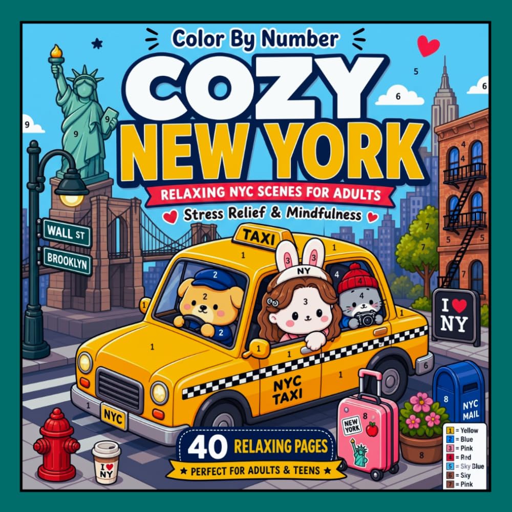Cozy New York Color By Number for Adults and Teens: Relaxing NYC Scenes Coloring Book for Stress Relief, Mindfulness, and Cute City Adventures