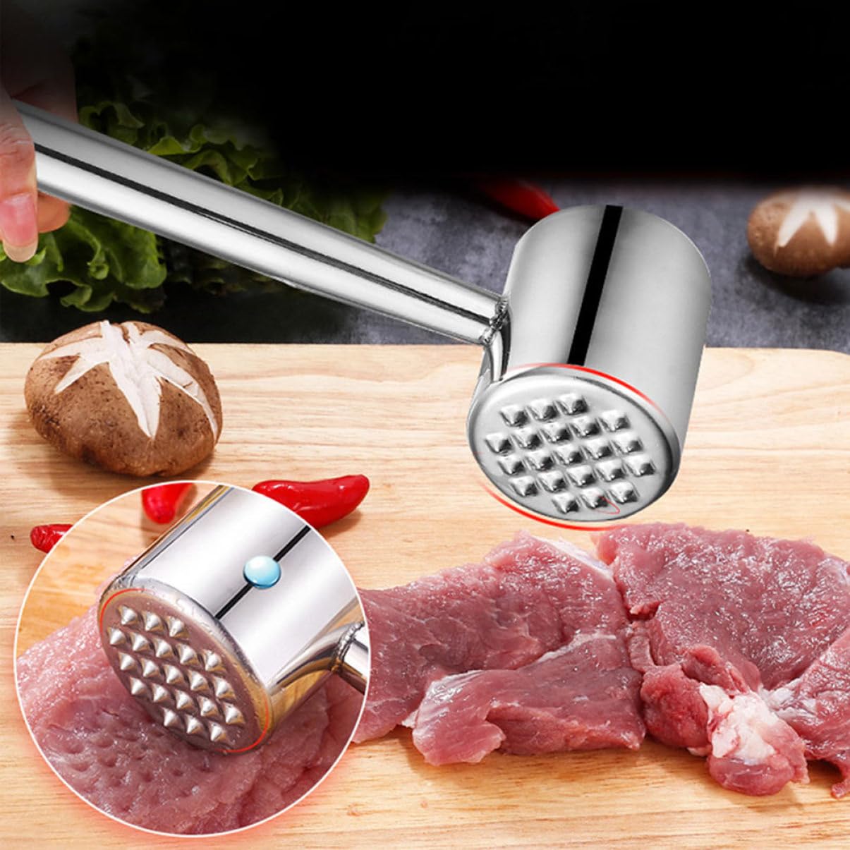 ABOOFAN Fleischklopfer aus Edelstahl 2 Stück für Küche, Silber | Ergonomischer Griff, Aufhängbar, für Gemüse und Kaffeepulver, Praktisches Küchenhelfer