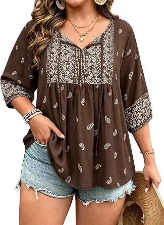 Bulotus Women's Plus Size 3/4 Puff Sleeve Blouses Square Neck Shirts