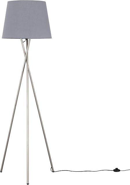 MiniSun Modern Brushed Chrome Metal Tripod Floor Lamp with a Grey Tapered Shade