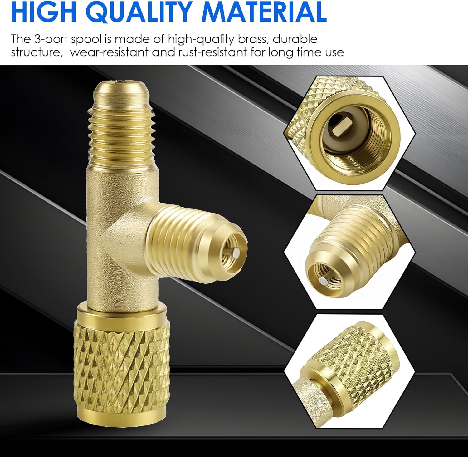 2Pcs 1/4In Valves Quick Coupler Tee Adapter, Brass Refrigerant Tee Adapter for HVAC