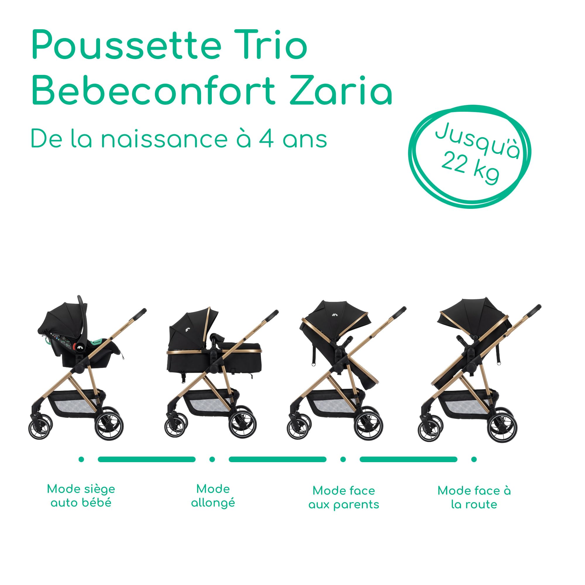 Bebeconfort Zaria Trio, Poussette Trio avec Accessoires, 0-22 kg, Noir/Or | Poussette 3 en 1 avec Siège Auto Bébé, Siège Réversible et Inclinable 2-en-1, Suspension aux 4 Roues, Panier 5 kg