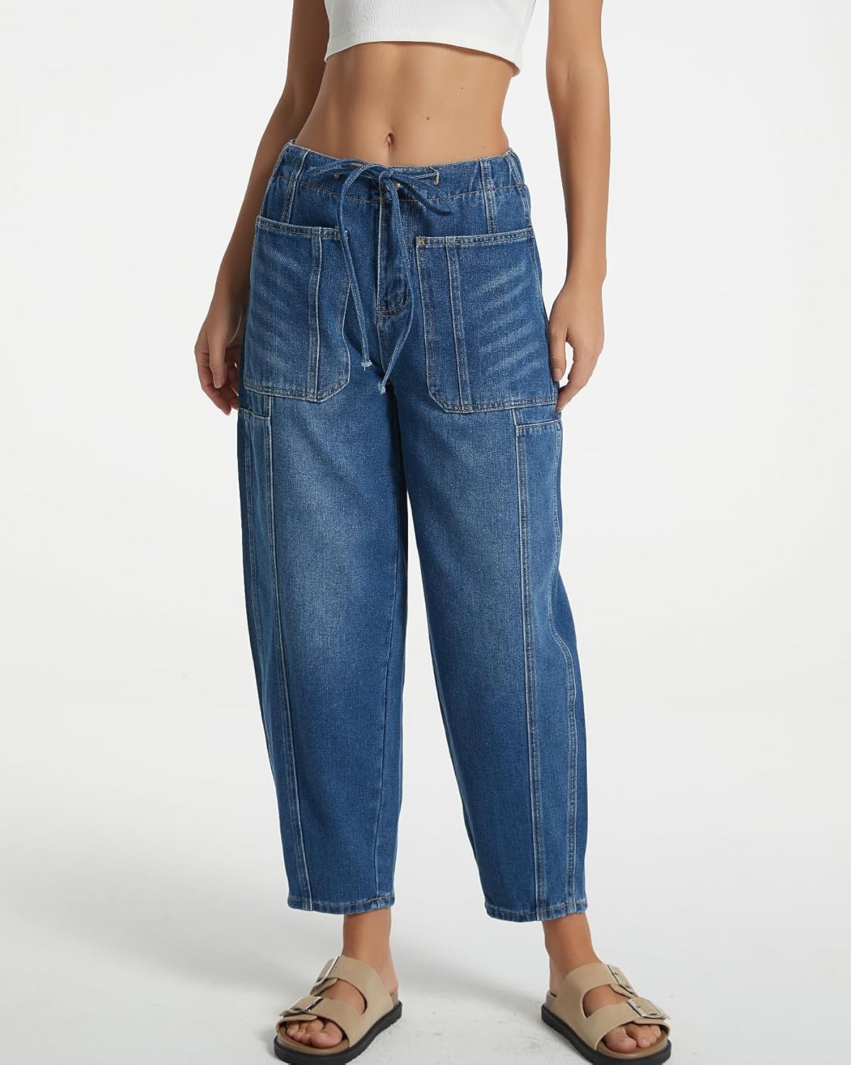 Women Casual Loose Cropped Pants Denim Bloomers Elastic Waist with Pockets - Image 3