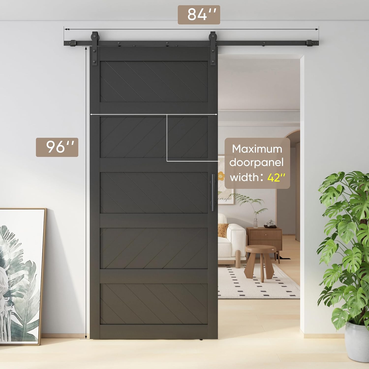 Diagram showing the dimensions of the barn door: 96 inches height, 42 inches maximum door panel width, and 84 inches track length.
