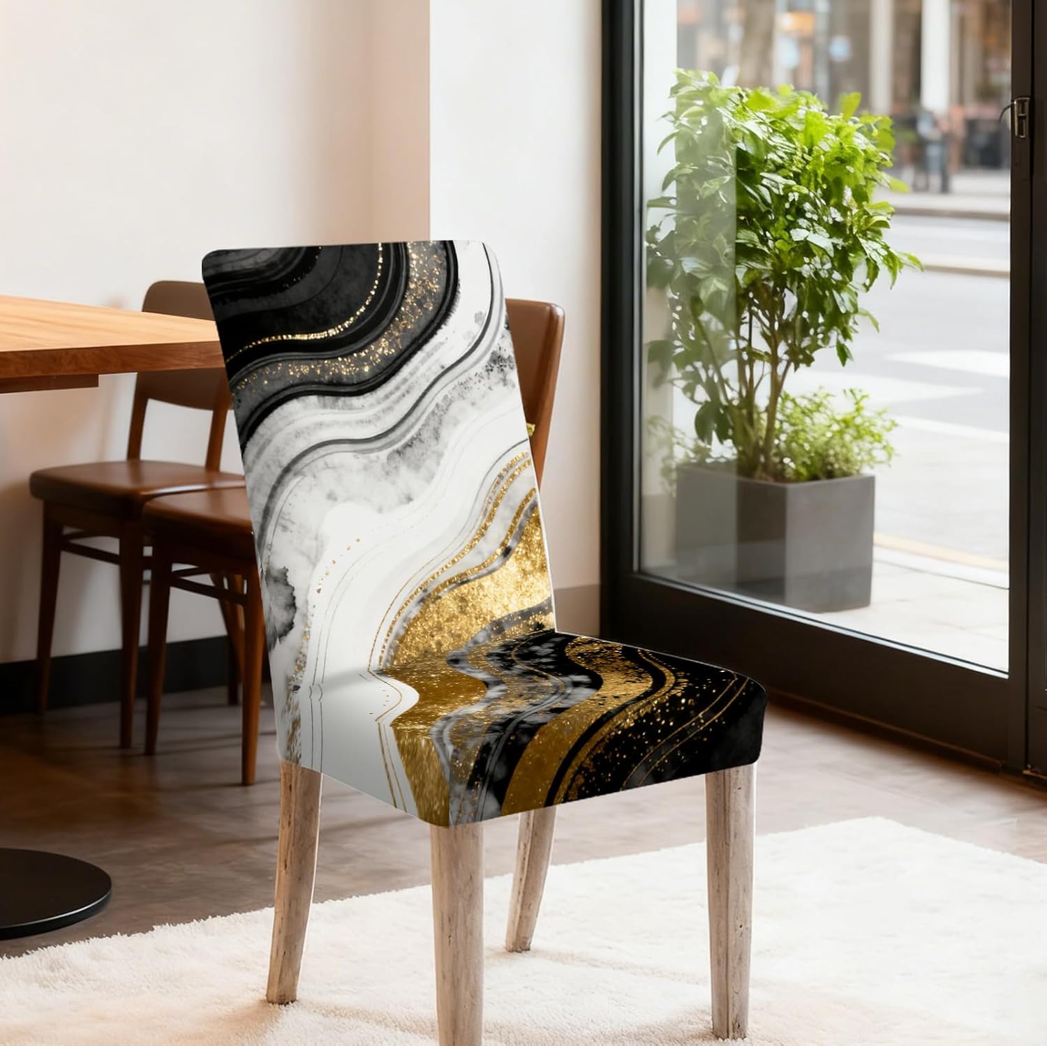 Nuxovilar Chair Covers Dining Chair Slipcovers Black White Gold Wave Ink Texture Stretch 23.6x70 Inches - Dining Chair Covers Set of 6 for Modern Living Room Luxury Space Decor