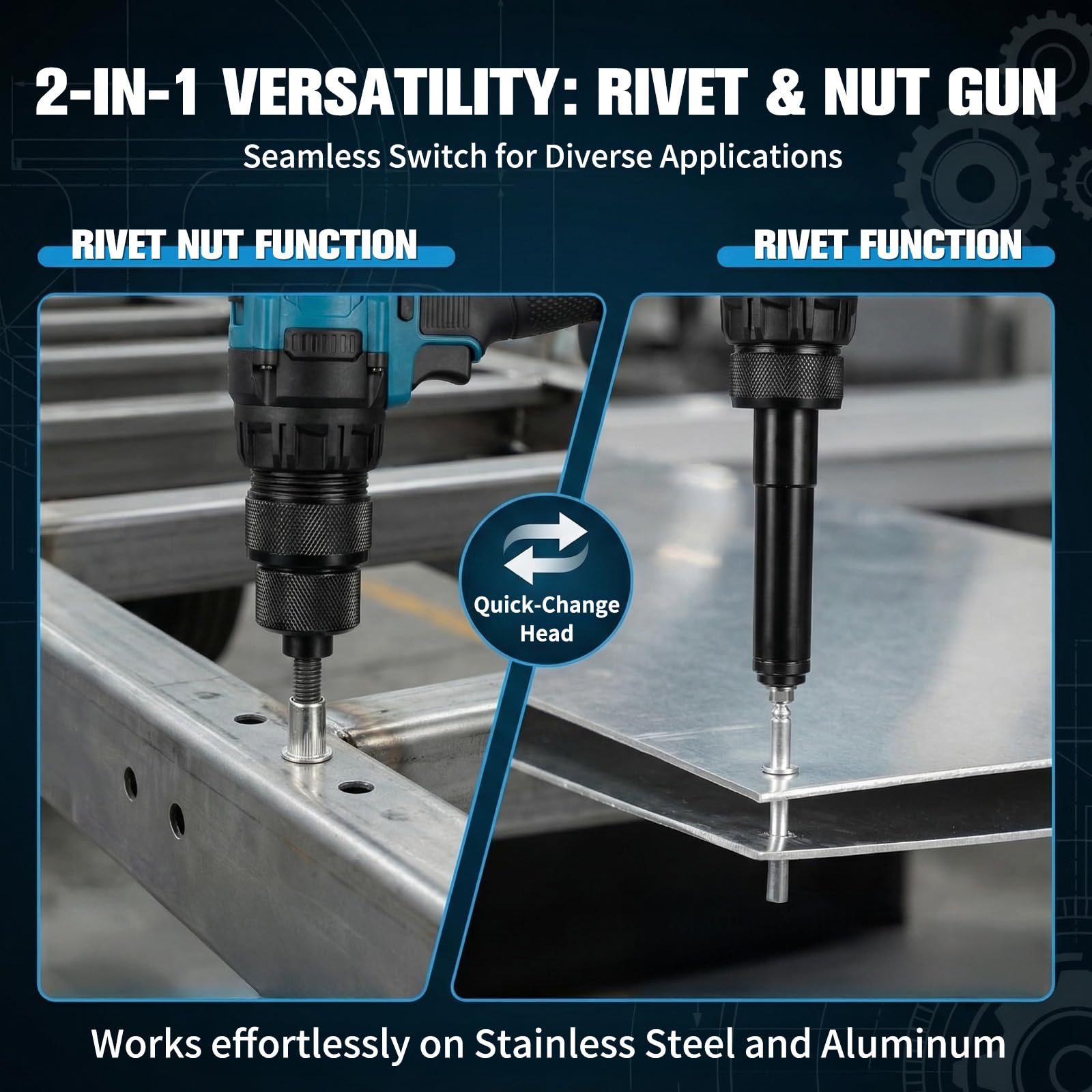 2 in 1 Kabelloses Nietgerät und Nietmutterpistole kompatibel mit Makita 18V-Akku, Elektrische Nietzange mit Brushless-Motor, Inklusive M3/M4/M5/M6/M8/M10/M12 Muttern, 4 Adaptern (ohne Akku)