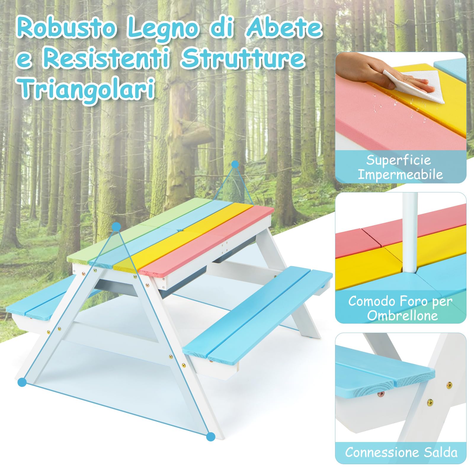 COSTWAY Set Tavolo e Sedie per Bambini da Giardino 3 in 1, con Ombrellone Rimovibile e Regolabile, Piano Rimovibile, Tavolo con Panche in Legno per Bambini da Interno Esterno (Blu e Bianco)