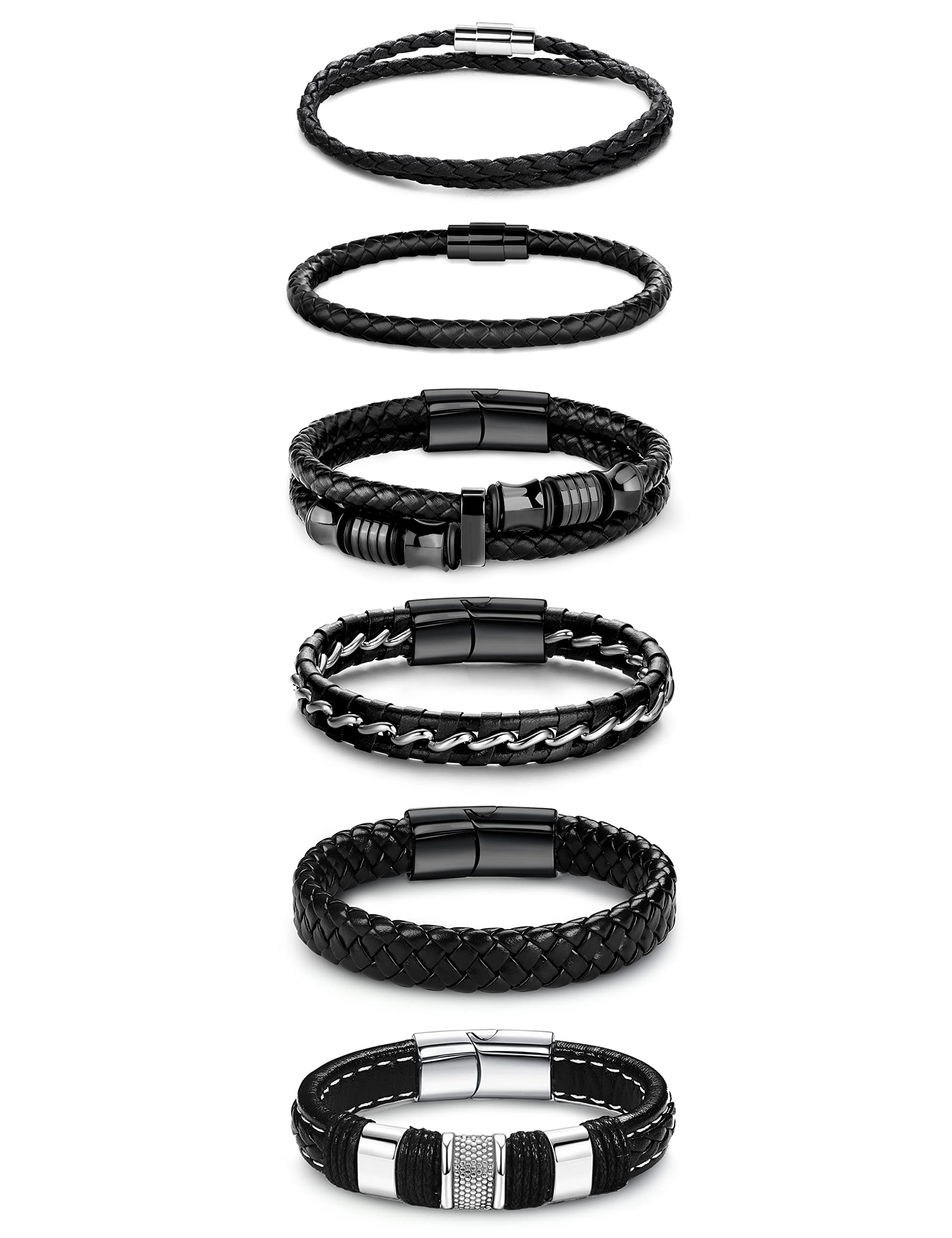 Mens Bracelet Leather Braided 6 Pcs Black Bracelets for Men Stainless Steel Clasp Wristband Cuff Bracelets Set 8.5-9.0 inches