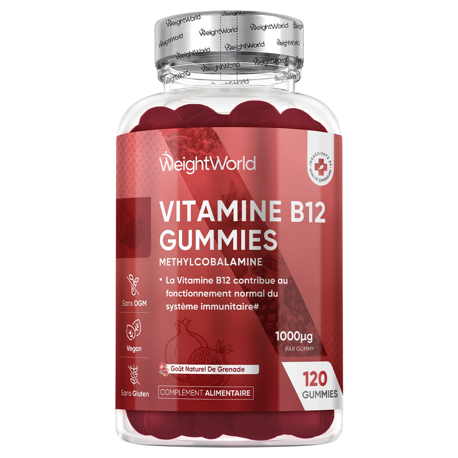 Vitamine B12 Méthylcobalamine 1000mcg - 120 Gummies Vitamine B12 pour Adulte - pour 4 Mois d'Approvisionnement, Goût de Grenade - sans OGM, sans Stéarate de Magnésium - Alternatives aux Gouttes