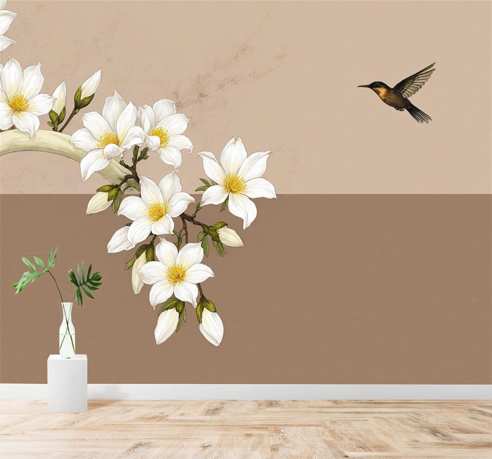 XLMING Simple Beautiful White Magnolia Birds in Flight Beige Background 3D Wallpaper Premium Textured Silk Study Dining Living Room Bedroom Sofa TV Wall Easy Install-400cm×280cm