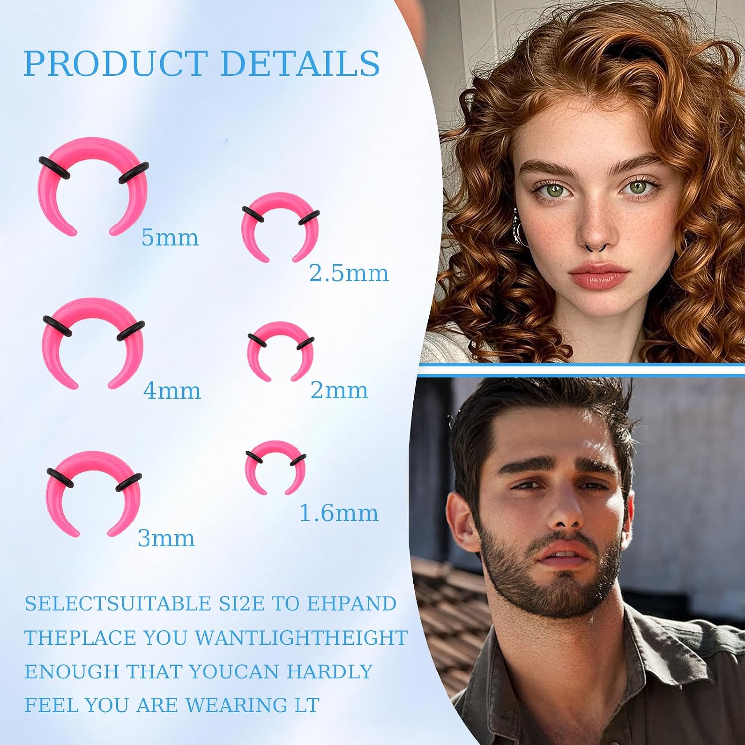 48Pcs Acrylic Septum Stretching Kit - 14G 12G 10G 8G 8 Colors Septum Ring - C Shape Buffalo Septum Pincher Gauge Kit Piercing Jewelry For Stretching Pierced Nose Ear Cartilage