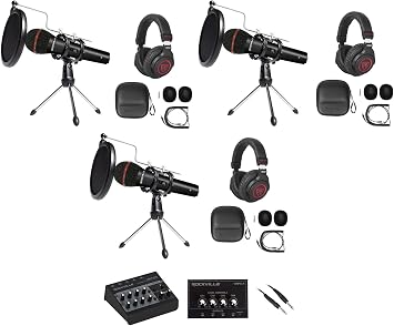 Rockville 3-Person Podcast Recording Package LINE8 USB 8-Channel Mixer and USB Audio Interface with 3 PRO-M50 Headphones, 3 RMIC-SR Mics, Stands, RHPA4 Amp, Cables 12 Items