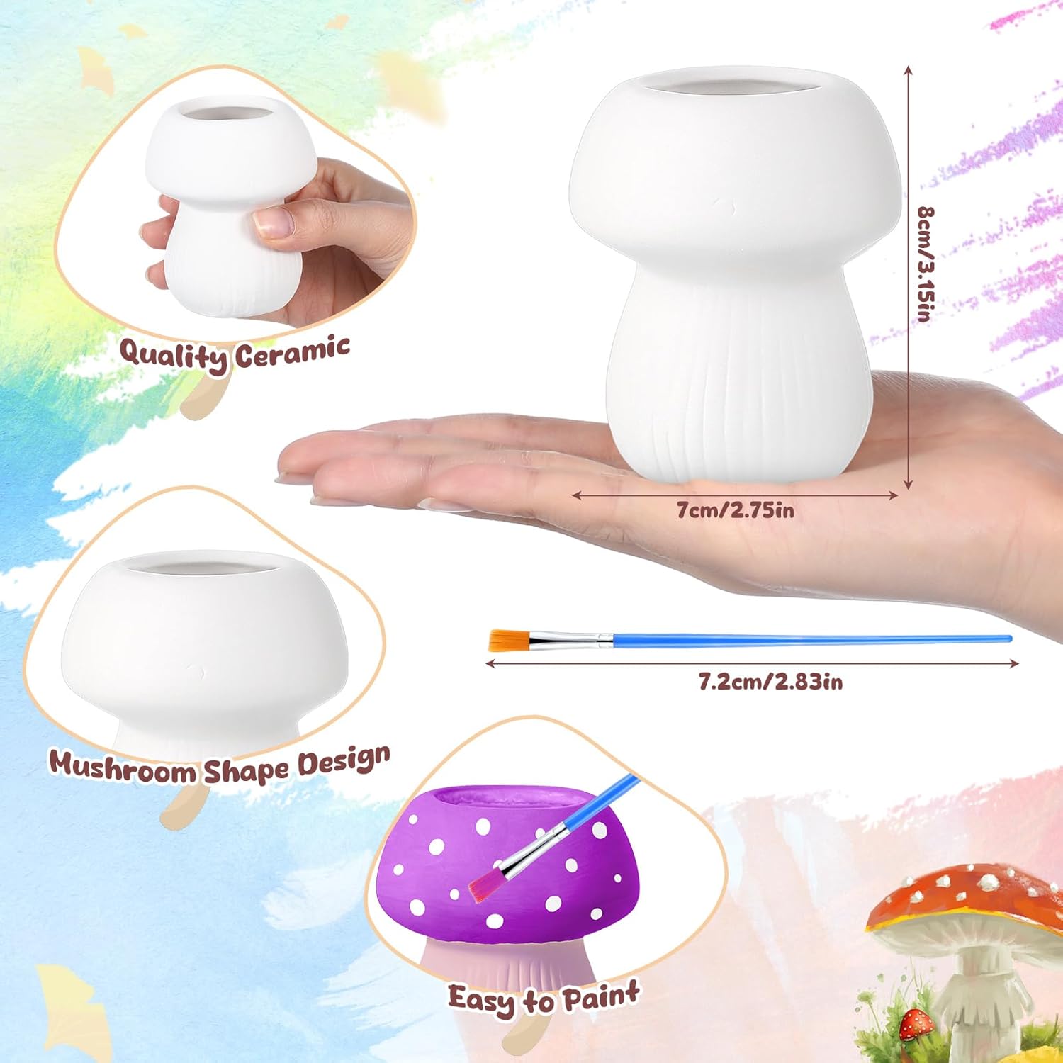 Pasimy 6 Set Ceramics to Paint DIY Ceramic Succulent Planter Pots Paint Your Own Flower Pots Craft Kit Unpainted Bisque Flowerpot with Brush Palette for Family Activity Holiday Gifts(Mushroom)