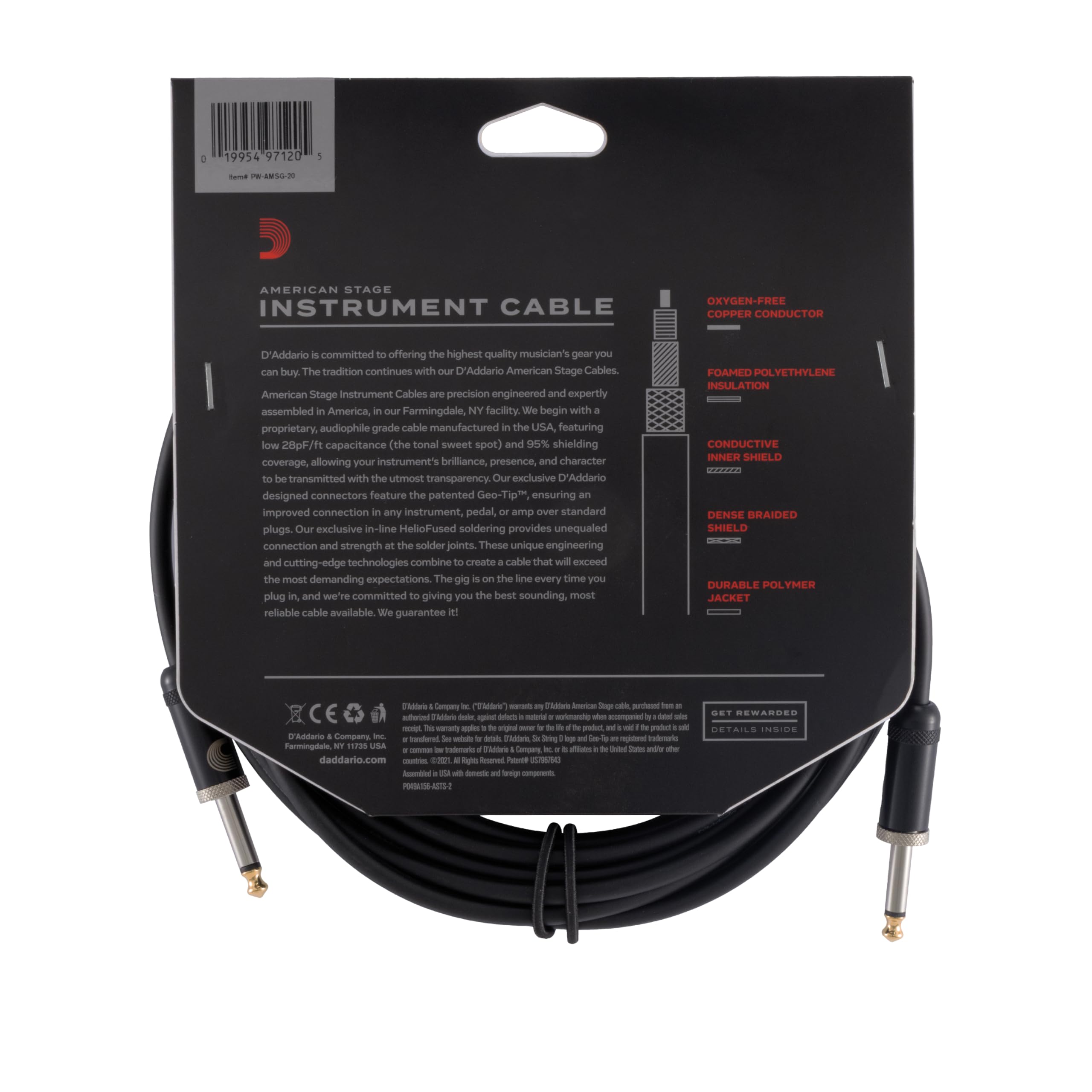 D'Addario American Stage Instrument Cable, 20 feet : Amazon.in