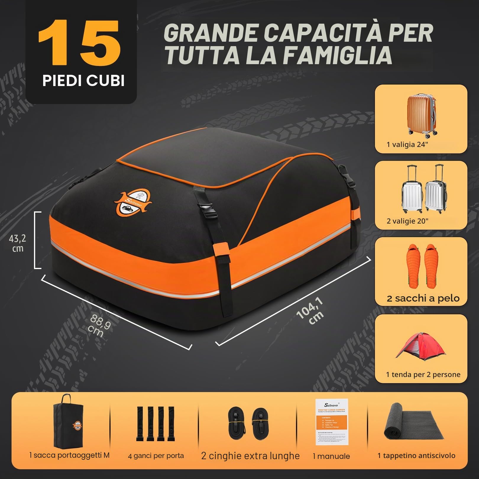 Sailnovo Portapacchi da tetto SoftShell Carrier – 15Cubic/430L impermeabile, tappetino antiscivolo, 4 ganci per porta, borsa portaoggetti per tettuccio auto