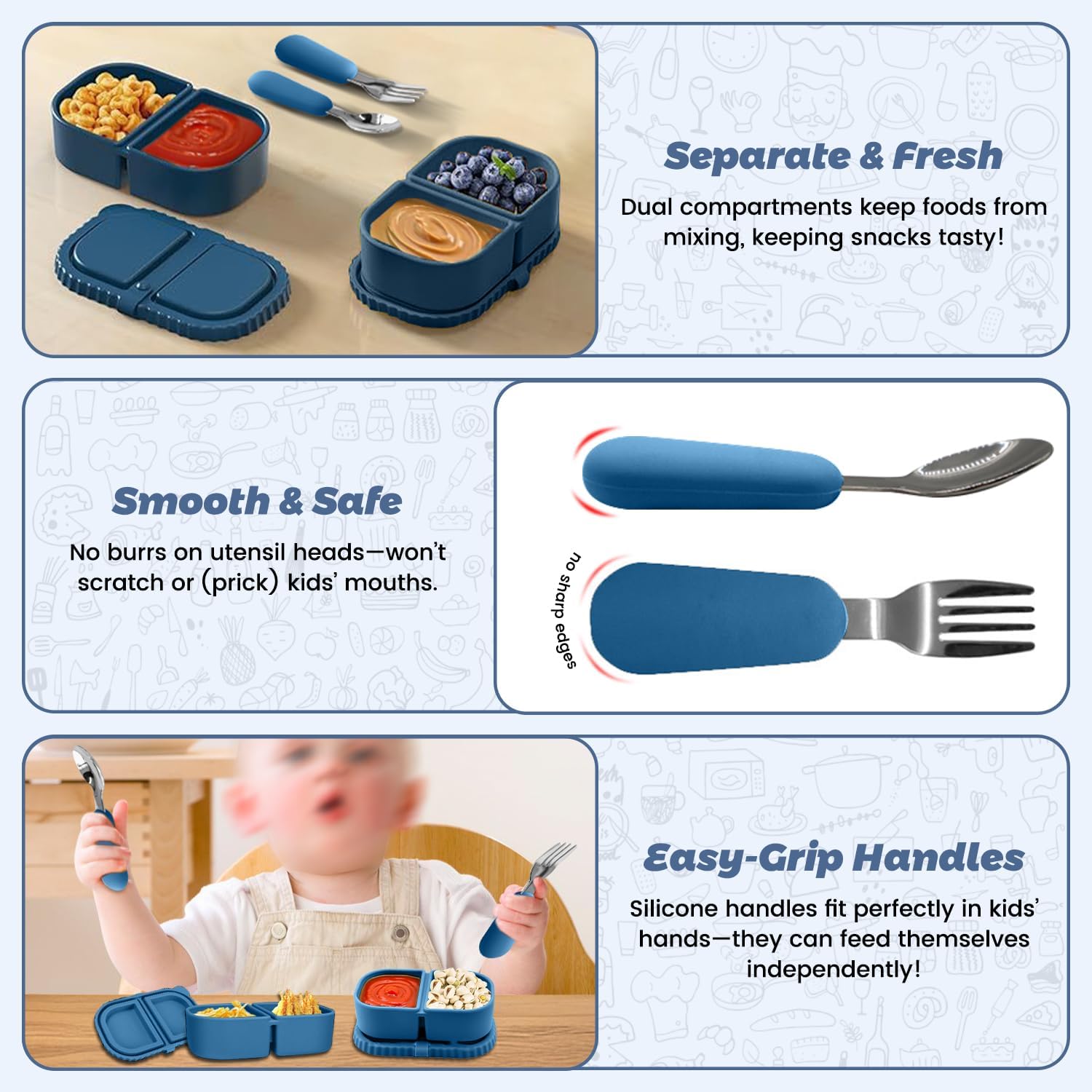 Silicone Snack Containers for Kids (8.5Oz, 2-Compartment)+ Kids Silicone Cutlery Set (Spoon and Fork) - BPA Free, Leak Proof, Great for Toddler/Kid/Adult Meal Prep Containers (blue) image 4
