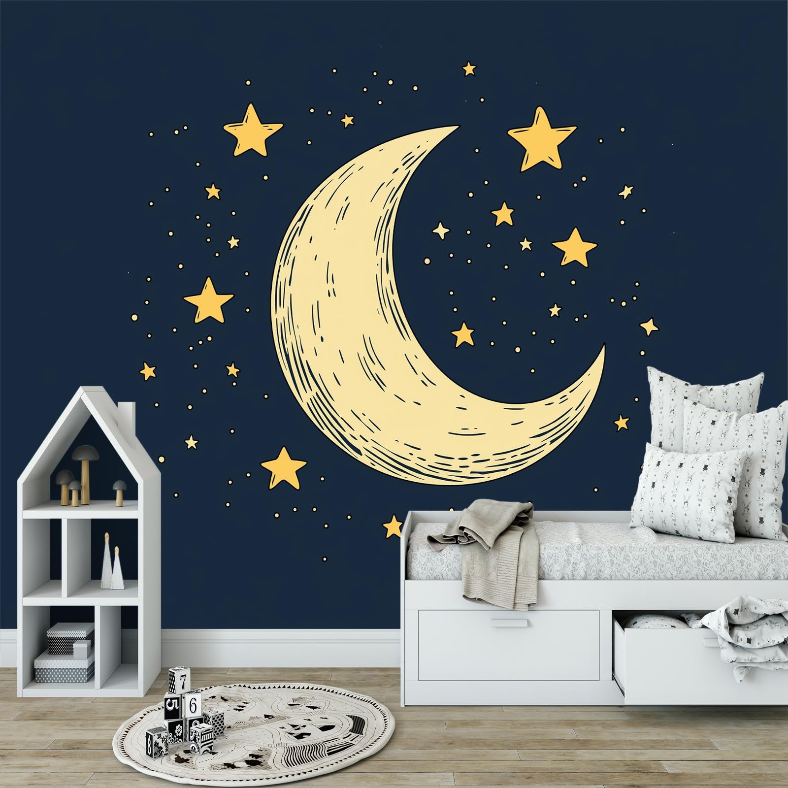 Tapeta ścienna z księżycem i gwiazdami w stylu Doodle, fototapeta, księżyc i gwiazdy, tapeta ścienna, 400 x 280 cm (szer. x wys.), dekoracja ścienna, tapeta dekoracyjna, tapeta ścienna, tapeta do