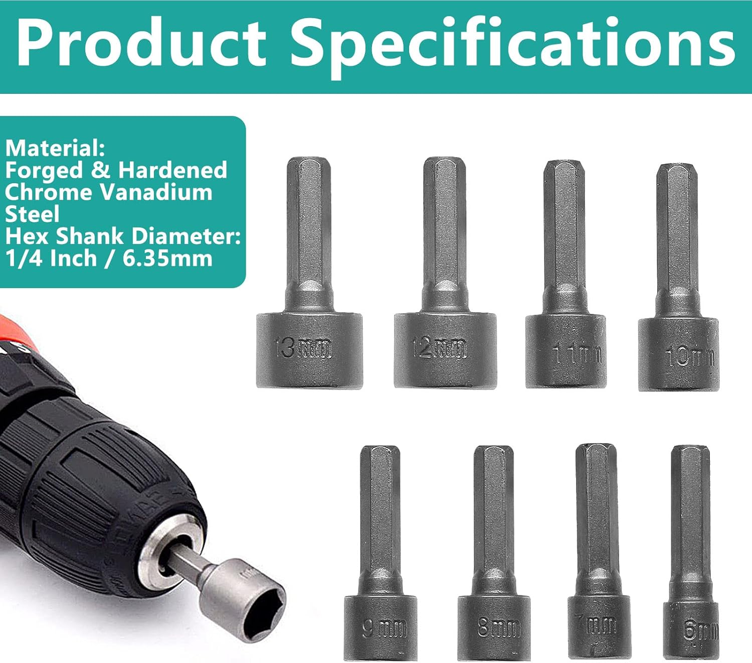 9pcs Power Nut Driver Set Metric Hex Socket Drill Bits Chuck Adapter, Electronic Hex Key Socket Set with 1/4 Inch Hex Shank, No Magnetic Socket Wrench Drill Bit Set (5mm - 13mm)