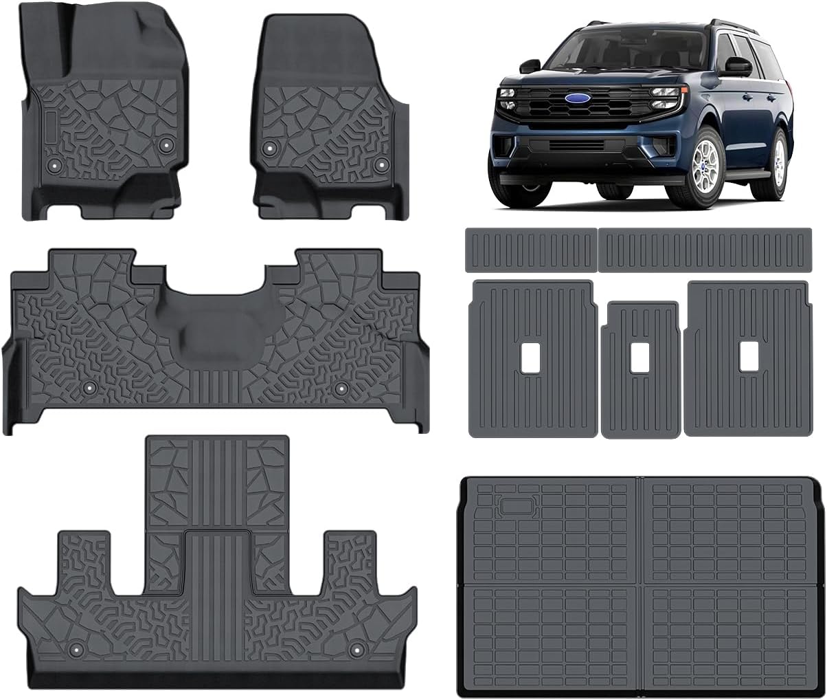 Car Floor Mats for 2025 Ford Expedition MAX 7-Passenger with Cargo Liner,Full Set 3-Row Custom Fit All-Weather TPE Easy Clean Durable Waterproof Wear-Resistant Accessories 2025 Ford Expedition Max+ Car Floor Mats (7 Seats)