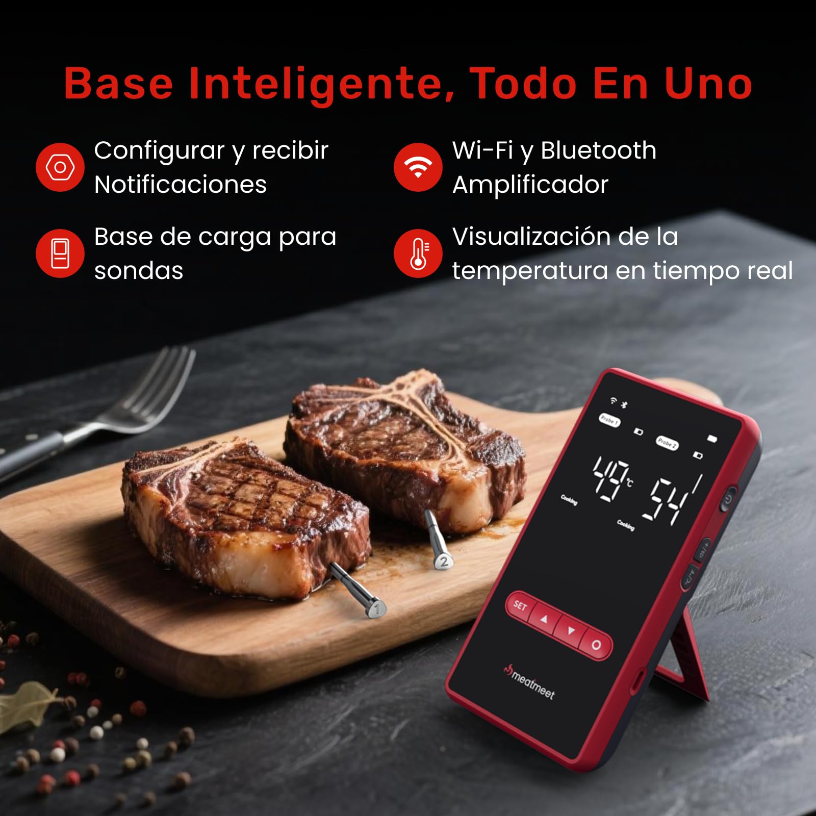 X Pro Termómetro para Carne con Bluetooth y WiFi, 2 Sondas 6 Sensores, Pantalla LED, IP69 Impermeable​, resistente al calor hasta 582°C, Termometro Carne para BBQ, Grill, Cocina, Asador