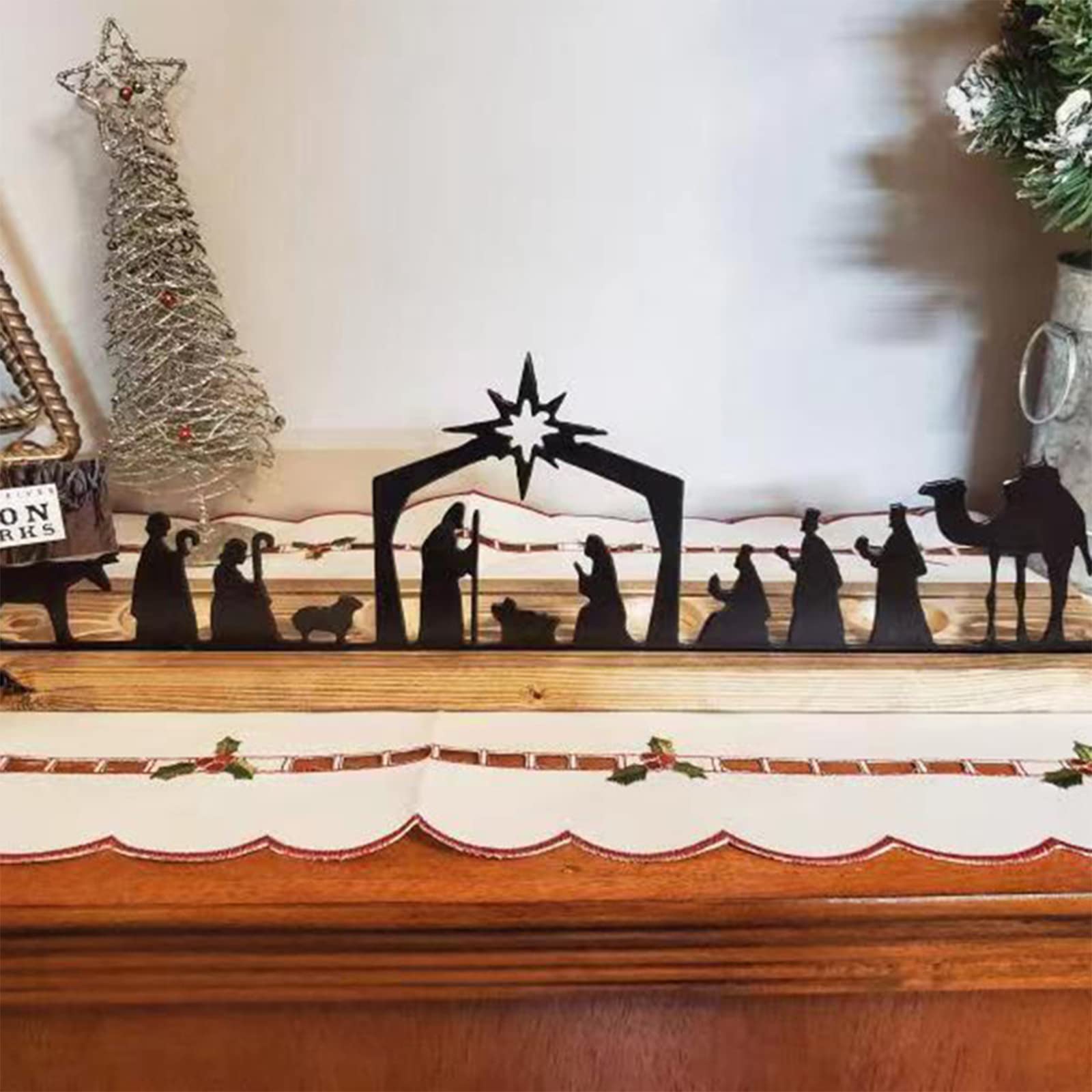 Kerststal, Kerststallen & Figuren, Zwarte Metalen Kerststal Set Met Houten Basis Voor Kerstmis Tafeldecoratie